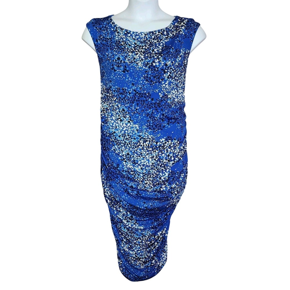 Leota Sheath Dress Maternity Large Blue Abstract Animal Print Ruched Sleeveless